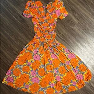 Farm Rio x Anthropologie Short-Sleeve V-Neck Ruched Midi Dress, Size XS